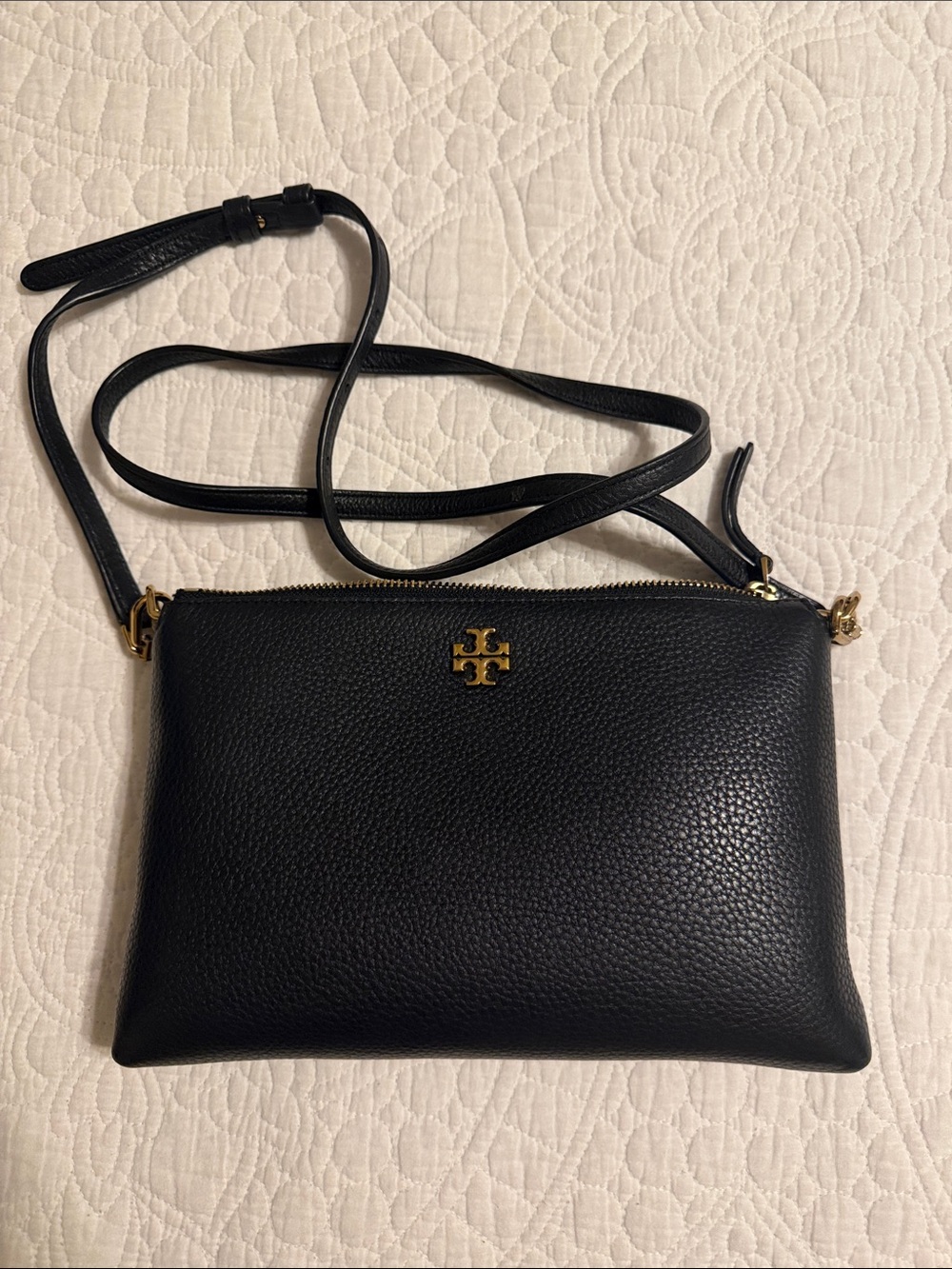 Tory Burch Black Pebbled Leather Double-Zip Crossbody with Gold Logo